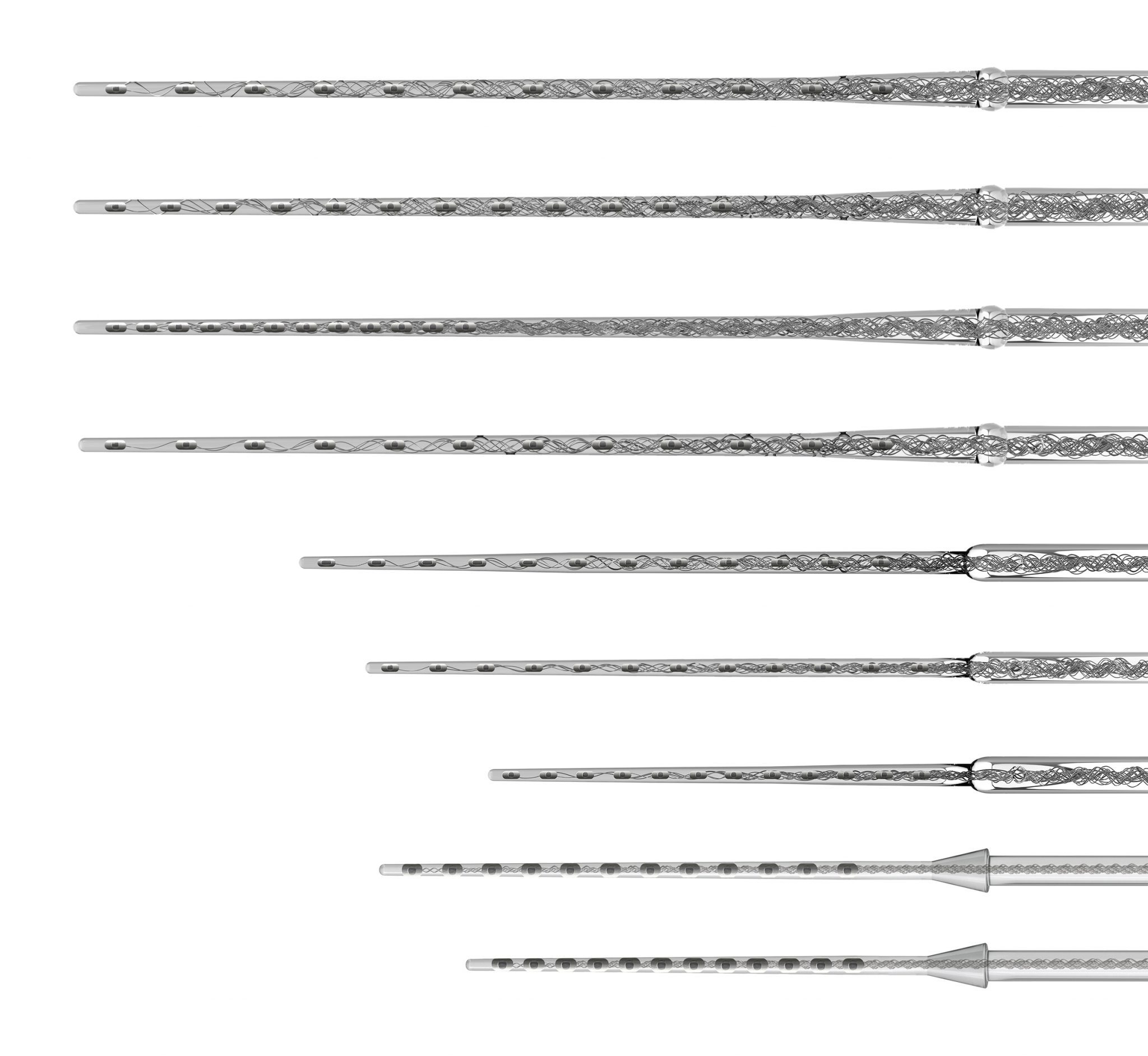 Some of MED-EL's electrode arrays. (Beberapa rangkaian elektroda MED-EL. (Harap dicatat, tidak semua rangkaian elektroda tersedia di daerah Anda. Untuk detail lengkapkan, silakan menghubungi perwakilan MED-EL setempat)